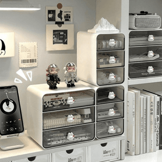 Office and home storage drawers styled on a desk